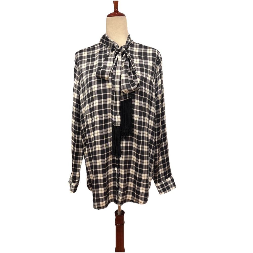 EQUIPMENT Essential Tie Neck 100% Silk Shirt in Palo Santo Plaid L Fringe EUC